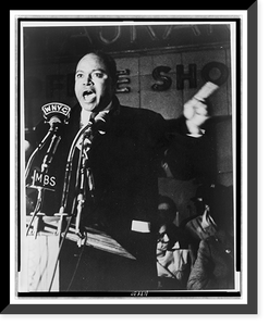 James Farmer, three-quarter length portrait, speaking before microphones outside Hotel Theresa.World Telegram & Sun photo by Stanley Wolfson, Antique Print