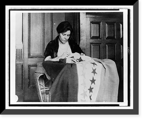 Alice Paul, half-length portrait, seated, facing slightly right, sewing suffrage flag, Vintage Poster