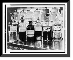A display of several apothecary bottles containing drugs, on shelf of Eimer and Amind (?) drugstore.World Telegram photo by Al Ravenna. Classic, Vintage Print