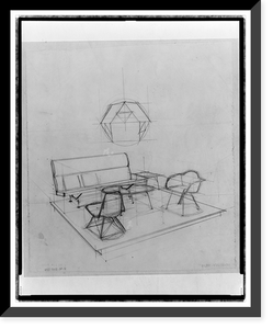 Sketch of Herman Miller showroom with Eames furniture and hanging polyhedron, Vintage Wall Art