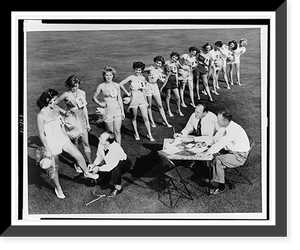 Eleven finalists, selected from 250 students at Mount San Antonio College, Pomona, competing for the Queen of the Los Angeles County Fair, stand on lawn, in front of judges Antique Wall Art Print