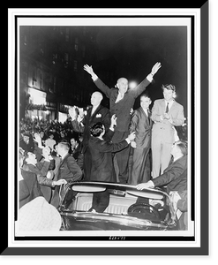 President Lyndon B. Johnson and Robert F. Kennedy standing on back of car, greeting crowd in Brooklyn during Kennedy's Senate campaign, Vintage Poster