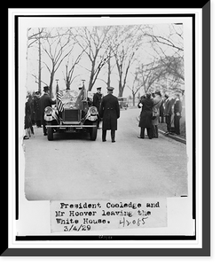 Historic Framed Print, President Coolidge and Mr. Hoover leaving the White House,  17-7/8" x 21-7/8"