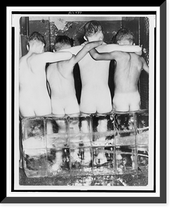 Four naked boys, viewed from behind, sitting on large blocks of ice Classic, Historic Print