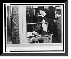 Kissing gates of America. Friend greeting emigrant just discharged, Vintage Print