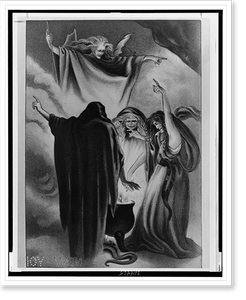 Black & White Photo - Three witches standing around a boiling cauldron
