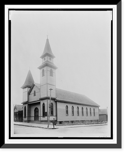 African American man standing on sidewalk in front of church, Antique Poster