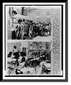 Composite photograph: (left) white students boarding school buses for private school, (right) African American children seated in one-room school with teacher, Historic Reproduction