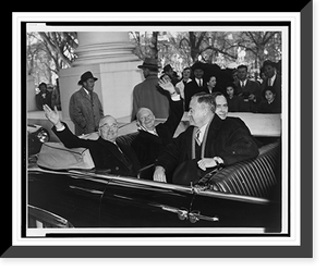 With smiles and a wave, President Harry Truman and his successor, Dwight D. Eisenhower, leave White House in an open car on way to Capitol for inauguration ceremonies Classic, Antique Print