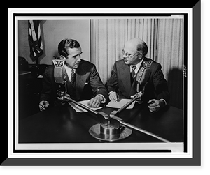 Historic Framed Print, [Edward R. Murrow (left) and William L. Shirer, half-length portrait, seated behind CBS microphones, turned toward each other],  17-7/8" x 21-7/8"
