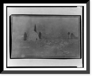 Members of Frederick Cook's journey expedition at the North Pole, with U.S. flag stuck in igloo, at camp site Classic, Antique Poster