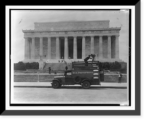 Truck, Path&eacute; News RCA Photophone, in front of the Lincoln Memorial, Washington, D.C., with a cameraman filming a newsreel from on top, Vintage Print