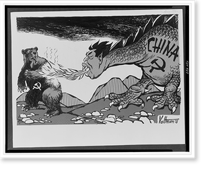 Vintage Americana Print - Chinese dragon breathing fire on Soviet bear