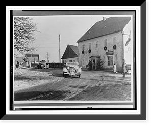Two Mercedes-Benz automobiles passing in front of a building decorated with wreaths, Vintage Poster