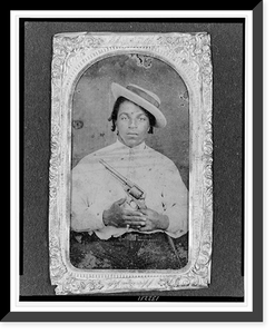 African American civilian, half-length portrait, seated, facing front, holding colt army revolver, ring on pinky finger, Vintage Poster