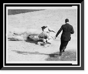 Historic Framed Print, [Umpire runs toward base to make the call on ball player sliding into second base during baseball game],  17-7/8" x 21-7/8"
