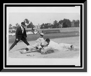 Historic Framed Print, [Umpire ready to make the call as Washington ball player applies tag to base runner sliding into base during baseball game],  17-7/8" x 21-7/8"