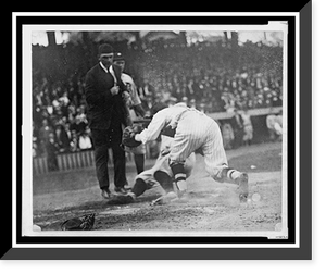 Historic Framed Print, [Umpire ready to make the call as catcher tags base runner sliding into home plate during baseball game],  17-7/8" x 21-7/8"