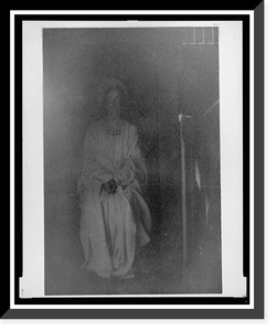 Historic Framed Print, [Woman in drapery with halo by staircase, seated],  17-7/8" x 21-7/8"