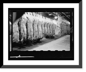 Historic Framed Print, [Racks of meat in cold storage in a meat locker],  17-7/8" x 21-7/8"