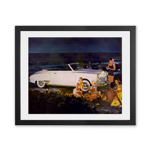 Historic Framed Print, [Page of advertisement for Studebaker automobiles, showing a 1948 Studebaker convertible and people around campfire on beach],  17-7/8" x 21-7/8"