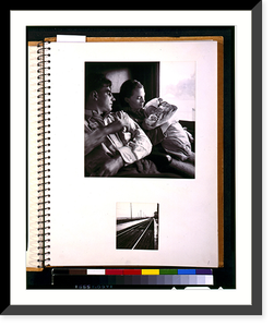 Two scenes of rural rehabilitation: Young couple with baby in railroad passenger car during journey from Minnesota to San Francisco, and railroad tracks outside of train station Vintage Wall Art