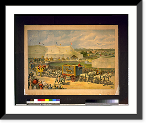 Parade with lion in cage on wagon, circus tent in background - 2, Historic Print