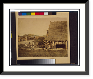 Four Ainu men with two boats, by thatched roof building, on the island of Hokkiado, Japan, Antique Print