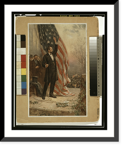 Abraham Lincoln, standing, full-length, facing right, holding rope of flag(?), arm upraised - 3, Vintage Print