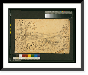 Hilly landscape with castle, loch, and man playing flute in right foreground Classic, Antique Print