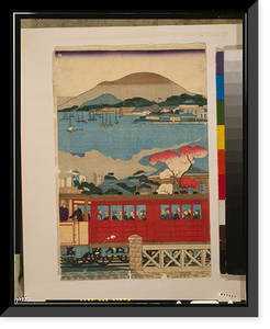 Historic Framed Print, Yokohama tetsudo joki shussha no zu Translation:First steam train leaving Yokohama.,  17-7/8" x 21-7/8"