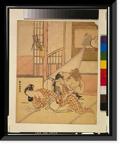 Historic Framed Print, [A man possibly Kume Sennin or Kume the Immortal descends from a picture hanging on a wall to peak under the kimono of a sleeping woman],  17-7/8" x 21-7/8"