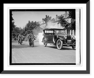 Police on motorcycles trailing car with smoke, 9/1/23, Antique Print
