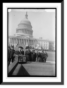 Historic Framed Print, Dr. Royal S. Copeland of N.Y. releasing pidgeons in front of U.S. Capitol, 2/28/24,  17-7/8" x 21-7/8"