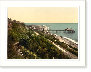 Antique Photochrom - The beach and pier Folkestone England