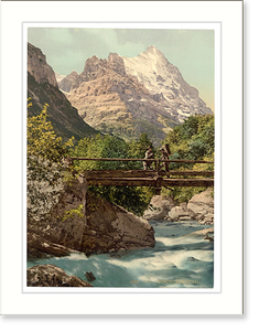 Historic Photochrom - Grindelwald footbridge and mountain peaks Bernese
