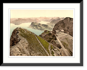Historic Framed Print, Railway from Oberhaupt towards Lake of Four Cantons with Old Hotel and Esel Pilatus Switzerland,  17-7/8" x 21-7/8"