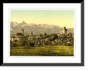 Historic Framed Print, Thun church and castle with view of Stockhorn Bernese Oberland Switzerland,  17-7/8" x 21-7/8"