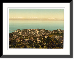 Historic Framed Print, The town general view showing the Alps Neuchatel Switzerland,  17-7/8" x 21-7/8"