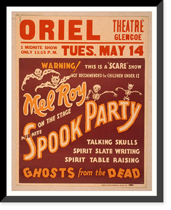 Historic Framed Print, Mel Roy on the stage mid-nite spook party talking skulls spirit slate writing spirit table raising ghosts from the dead.,  17-7/8" x 21-7/8"