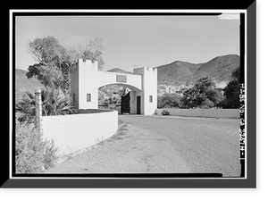 Historic Framed Print, Death Valley Ranch, Entrance Gates & Dungeon Apartment, Death Valley Junction vicinity, Inyo County, CA,  17-7/8" x 21-7/8"