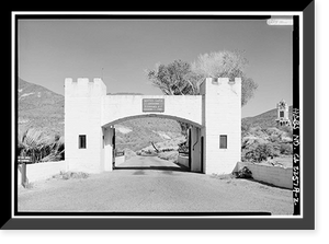 Historic Framed Print, Death Valley Ranch, Entrance Gates & Dungeon Apartment, Death Valley Junction vicinity, Inyo County, CA - 2,  17-7/8" x 21-7/8"