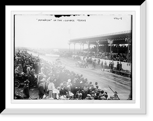 Historic Framed Print, Vanderbilt Cup Auto Race, "Mathewson", auto, on fire on track in front of stand,  17-7/8" x 21-7/8"