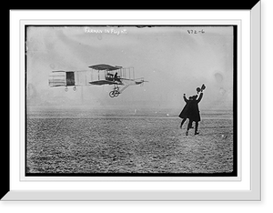 Historic Framed Print, Farman flying machine, in flight - 2,  17-7/8" x 21-7/8"