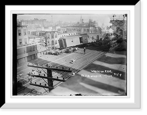Historic Framed Print, Wrecked Pennsylvania R.R. car on tracks,  17-7/8" x 21-7/8"