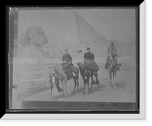Couple on camels in front of the Sphinx and pyramid of Jizah, Egypt, Antique Print