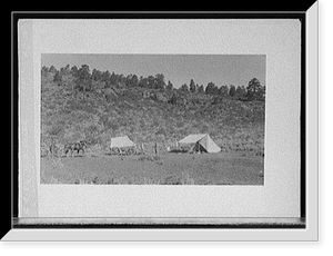 Carriage, wagon, and tent, possibly reenactment of pioneer or Civil War camp, Vintage Poster
