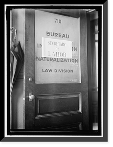 Historic Framed Print, LABOR, DEPT. OF. SIGN ON DOOR FOR NEWLY CREATED OFFICE OF SEC. OF LABOR,  17-7/8" x 21-7/8"