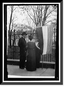 WOMAN SUFFRAGE. DAVID STARR JORDAN AND WIFE TALKING WITH WHITE HOUSE PICKET, Antique Poster