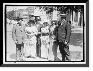 Historic Framed Print, CHAMBERLAIN, GEORGE EARLE. SENATOR FROM OREGON, 1909-1921; MEMBER, U.S. SHIPPING BOARD, 1921-1923. LEFT, WITH MRS. A.F. SWENSSON; MISS ORELLA CHAPMAN; LEILA CAMPBELL; SAIDE MAXWELL; PHILIP B. BATES,  17-7/8" x 21-7/8"